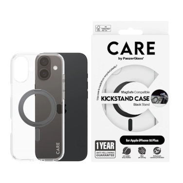 كفر حماية بانزر جلاس CARE مع حامل و يدعم تقنية الماج سيف ايفون 16 بلس - شفاف أسود