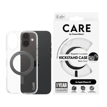 كفر حماية بانزر جلاس CARE مع حامل و يدعم تقنية الماج سيف ايفون 16 - شفاف أسود