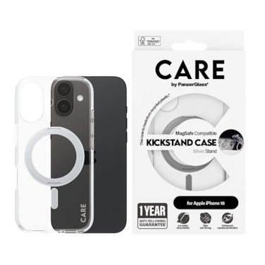 كفر حماية بانزر جلاس CARE مع حامل و يدعم تقنية الماج سيف ايفون 16 - شفاف أبيض