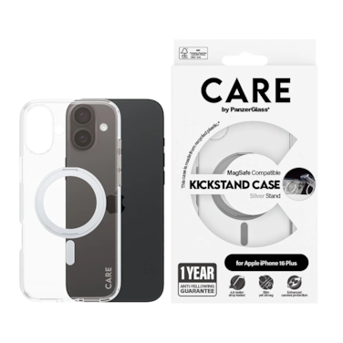 كفر حماية بانزر جلاس CARE مع حامل و يدعم تقنية الماج سيف ايفون 16 بلس - شفاف أبيض