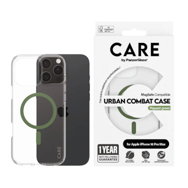كفر حماية بانزر جلاس CARE مع حامل و يدعم تقنية الماج سيف ايفون 16 برو ماكس - شفاف أخضر