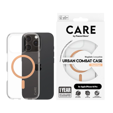 كفر حماية بانزر جلاس CARE مع حامل و يدعم تقنية الماج سيف ايفون 16 برو - شفاف خوخي
