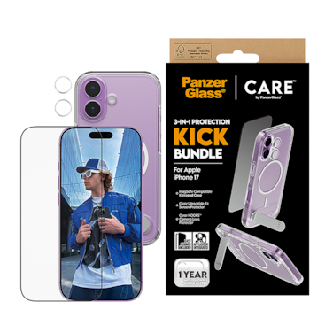 بكج حماية بانزر جلاس CARE يدعم MagSafe وحامل مميز 3 في 1 ايفون 17 - شفاف