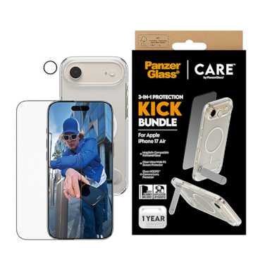 بكج حماية بانزر جلاس CARE يدعم MagSafe وحامل مميز 3 في 1 ايفون 17 اير - شفاف