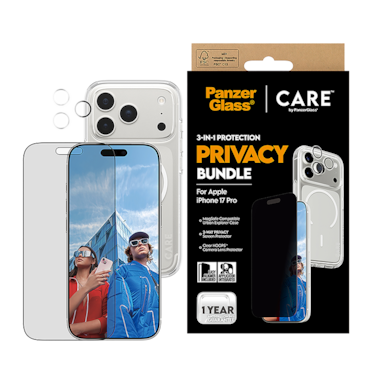 بكج حماية بانزر جلاس CARE يدعم MagSafe فلاقشيب 3 في 1 ايفون 17 برو - حفظ الخصوصية