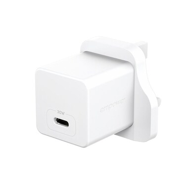 شاحن جداري امباور بانزر جلاس Turbo GaN بمنفذ USB-C وبقوة 30 واط - أبيض