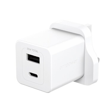 شاحن جداري امباور بانزر جلاس Turbo GaN بمنفذ USB-C ومنفذ USB بقوة 35 واط - أبيض