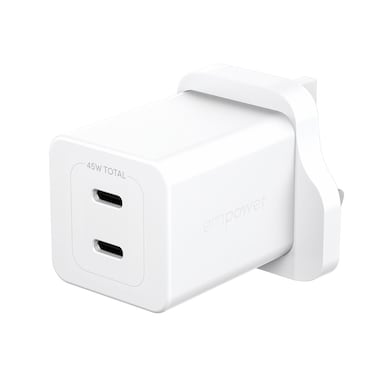 شاحن جداري امباور بانزر جلاس Turbo GaN بمنفذين USB-C وبقوة 45 واط - أبيض