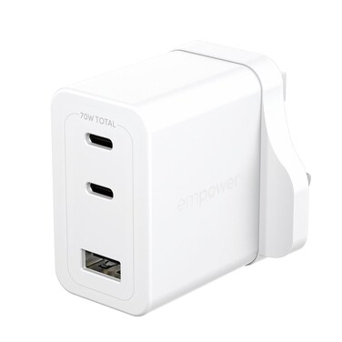 شاحن جداري امباور بانزر جلاس Turbo GaN بمنفذين USB-C ومنفذ USB بقوة 70 واط - أبيض