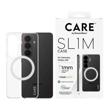 كفر حماية بانزر جلاس CARE نحيف SL1M مع إطار QI أبيض سامسونج جالاكسي إس 26 - شفاف