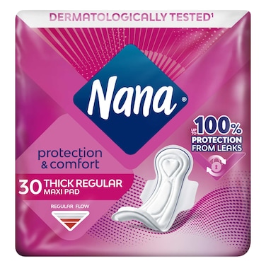 نانا - فوط صحية ماكسي سميكة عادية بأجنحة، - تدفق عادي - 30 فوطة - حماية كاملة من التسرب