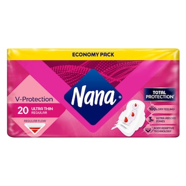 نانا - فوط صحية عادية رفيعة للغاية بأجنحة، - تدفق عادي - 20 فوطة - حماية كاملة