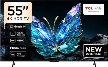TCL 55V6C Television 55 Inch Smart TV 4K UHD HDR 10+ Gaming Google TV, Dynamic Color Enhancement, Dolby Vision Atmos, DTS Virtual X, MEMC, Voice Control, Game Master with Slim Design (2025 Model)