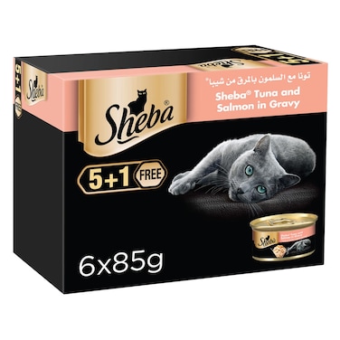شيبا اكل قطط رطب معلب بالتونة والسلمون بالمرق، عبوة 6 × 85 جرام