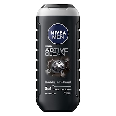 NIVEA MEN 3in1 Shower Gel, Active Clean Charcoal Woody Scent, 250ml
