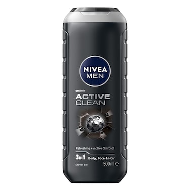 NIVEA MEN 3in1 Shower Gel, Active Clean Charcoal Woody Scent, 500ml