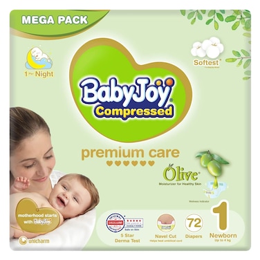 Babyjoy Olive Oil Moisturizer for Healthy Skin Size 1 Newborn Up To 4 Kg Mega Pack 72 Diapers