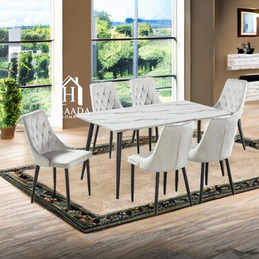 طاولة طعام بديلة رخام – أبيض – 6 كراسي