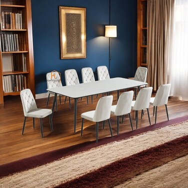 طاولة طعام سيراميك - 10 كراسي - أبيض - 220X100 سم