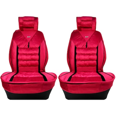 Universal Fit Red Cushioned Car Seat Covers (2pcs) - Soft &amp; Durable Fabric, Front Seat Covers with Storage Pockets for Cars, SUVs, and Hatchbacks