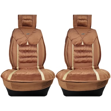 Universal Fit Brown and Beige Cushioned Car Seat Covers (2pcs) - Soft &amp; Durable Fabric, Front Seat Covers with Storage Pockets for Cars, SUVs, and Hatchbacks