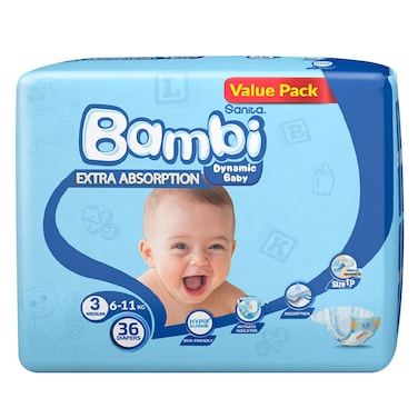 سانيتا بامبي حفاضات العبوة الاقتصادية - حجم 3، وسط، 6-11 كيلو، 36 حفاض