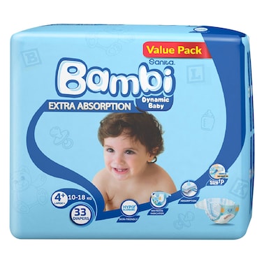 سانيتا بامبي حفاضات مقاس 4 كبير 10-18 كجم، عبوة  اقتصادية 33 حفاض