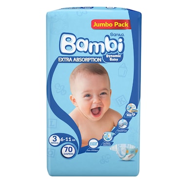 Sanita Bambi Baby Diapers Jumbo Pack Size 3, Medium, 6-11 Kg, 70 Count