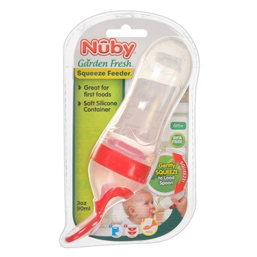 Nuby squeeze 2-step spoon for easy baby feeding.