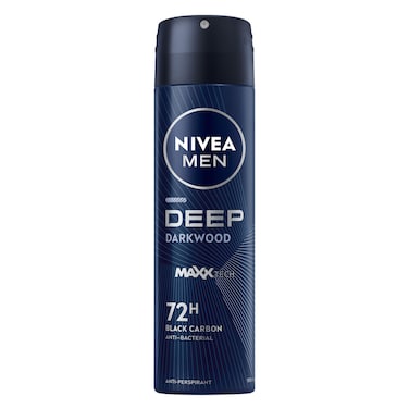 NIVEA MEN Antiperspirant Spray for Men, 48h Protection, DEEP Black Carbon Antibacterial, Woody Scent, 150ml