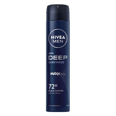 NIVEA MEN Antiperspirant Spray for Men, 48h Protection, DEEP Black Carbon Antibacterial, Woody Scent, 200ml