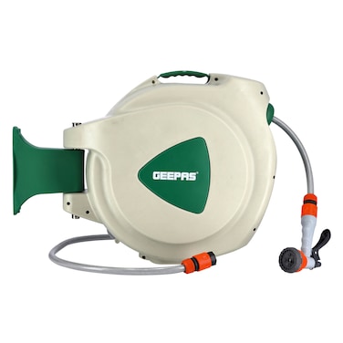 بكرة خرطوم مياه جيباس Gwh59057، بطول 10 أمتار ونصف بوصة، قابلة للسحب تلقائيًا، مزودة بمسار مستوٍ، وحامل تثبيت دوار، ومجموعة كاملة من رشاشات اليد ووصلات الخرطوم.