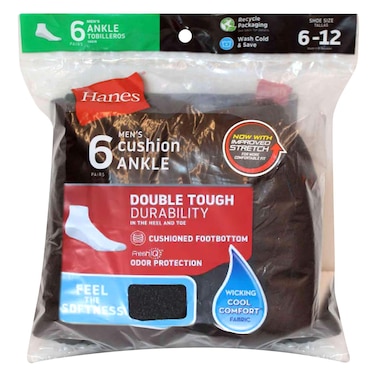 Hanes black ankle socks, 6 pieces per pack.