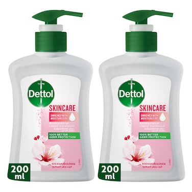 ديتول سكين كير (للعناية بالبشرة) صابون سائل لغسل اليدين للحماية الفعالة من الجراثيم وللنظافة الشخصية (يحمي من 100 نوع من الجراثيم المسببة للأمراض) مع عطر الورد و زهر الساكورا، 200مل ×2
