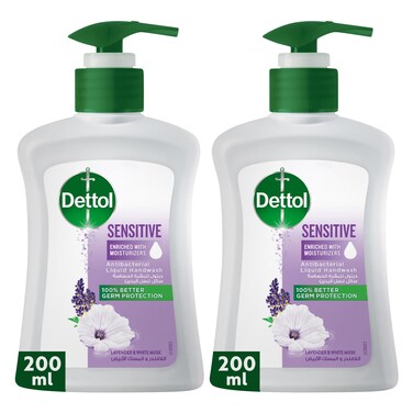 ديتول سينستيڤ (للبشرة الحساسة) صابون سائل لغسل اليدين  للحماية الفعالة من الجراثيم وللنظافة الشخصية (يحمي من  100 نوع من الجراثيم اامسببة للأمراض) مع عطر اللافندر والمسك الأبيض 200مل