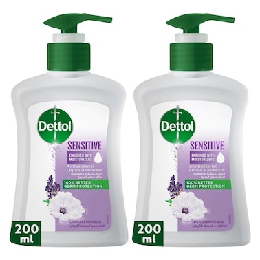 ديتول سينستيڤ (للبشرة الحساسة) صابون سائل لغسل اليدين  للحماية الفعالة من الجراثيم وللنظافة الشخصية (يحمي من  100 نوع من الجراثيم اامسببة للأمراض) مع عطر اللافندر والمسك الأبيض 200مل