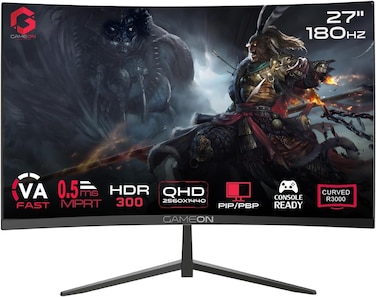 GAMEON 27&rdquo; Curved Gaming Monitor - QHD 1440p, 180Hz, 0.5ms MPRT, FreeSync, VRR, HDMI 2.1 + VGA, Built-In Speakers, Console &amp; PC Performance, VESA Mount, 100% sRGB, Low Input Lag