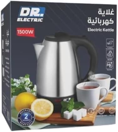 DR.ELECTRIC غلاية كهربائية من الستانلس ستيل، 1.8 لتر، 1500 واط، قاعدة دوارة 360 درجة، فضي
