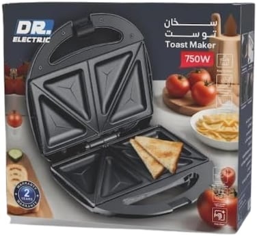 DR.ELECTRIC صانعة توست 750 واط، ألواح غير لاصقة، 4 ساندويتشات مثلثة، أسود ورمادي، موديل DR7502
