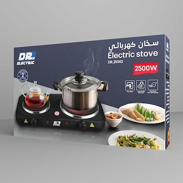 DR.ELECTRIC 2500W Dual Electric Hob 2500W Electric Heater 2 Panels, Black, 46 x 26 x 6.5 cm, DR.25002
