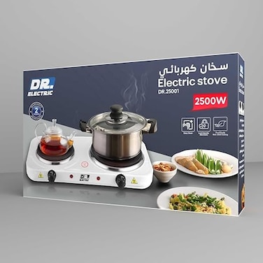 DR.ELECTRIC Double Electric Hob, 2500 Watts, 2 Separate Heating Plates, White, 46 x 26 x 6.5 cm, DR.25001
