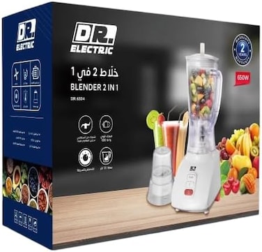 DR.ELECTRIC خلاط 2 في 1، 650 واط، أبيض، مع طاحونة، سعة 1.5 لتر، موديل DR.6504
