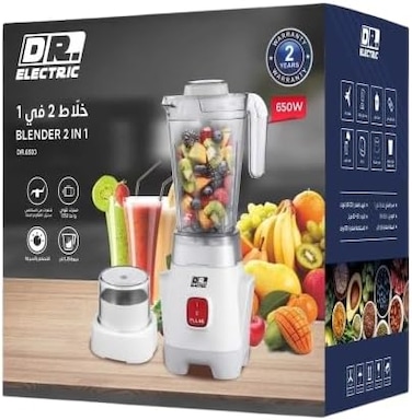 DR. ELECTRIC خلاط كهربائي 2 في 1، 650 واط، 1.25 لتر، سرعتين مع نبض، شفرات ستانلس ستيل، مع مطحنة، أبيض، موديل DR-6503
