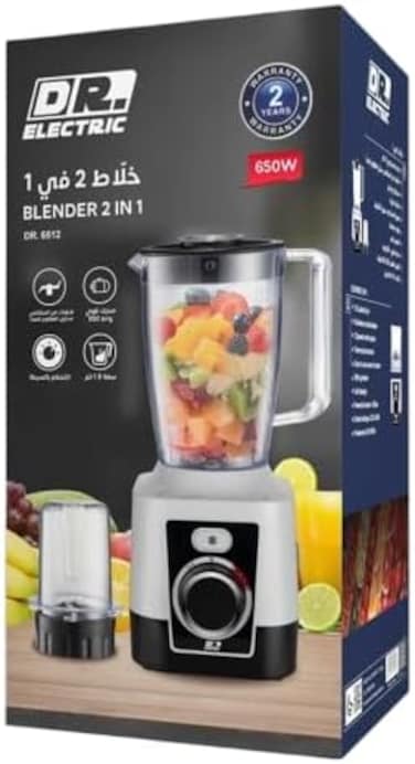 DR.ELECTRIC خلاط كهربائي 2 في 1 بقوة 650 واط، سعة 1.8 لتر، سرعتين مع نبض، شفرات ستانلس ستيل، مع مطحنة، موديل DR.6512
