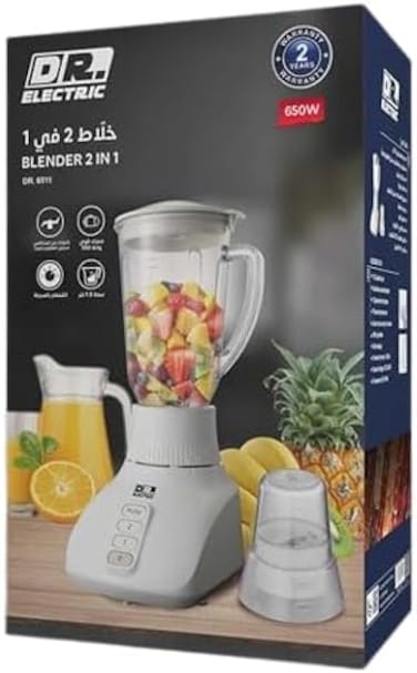 DR.ELECTRIC Electric Blender 2 in 1, 650W, 1.8L, with Grinder, Stainless Steel Blades, 2 Speeds with Pulse, DR-6511