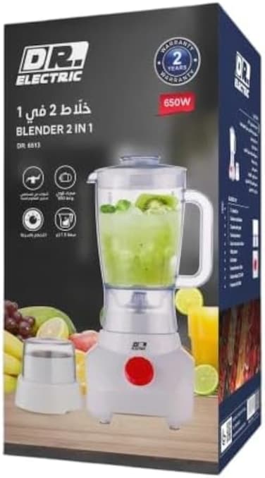 DR.ELECTRIC خلاط كهربائي 2 في 1 مع مطحنة، 650 واط، 1.5 لتر، شفرات ستانلس ستيل، سرعتين، موديل DR.6513، أبيض

