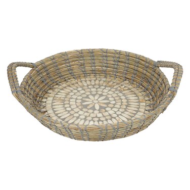 Alsaif Gallery Round Wicker Ottoman With A Rose-Shaped Edge, Pearl Grey, With A Middle Handle