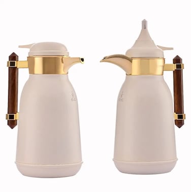 ترمس ، أبيض ، بخط مذهب ومقبض خشبي ، قطعتان