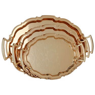 Saif Gallery Stainless Steel Tray Set, 3 Pieces, Oval, Engraved - Gold