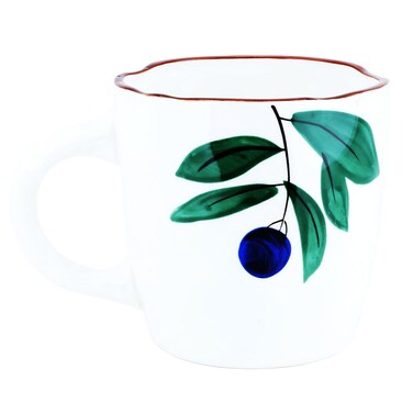 White porcelain mug with blue fruit pattern